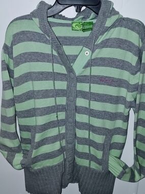 Roxy Women’s Mint Green & Gray Striped Hooded Sweater Y2K